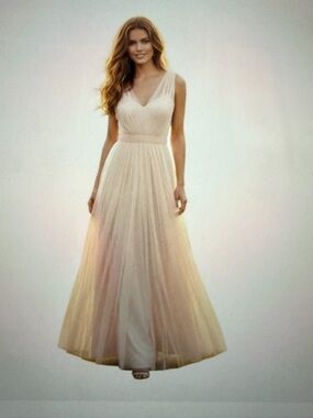 Elegant Cream V-Neck Tulle Evening Dress